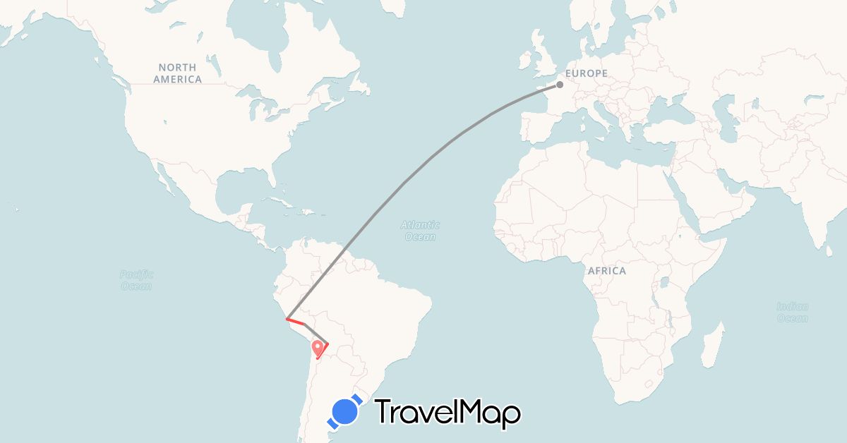 TravelMap itinerary: driving, plane, hiking in Bolivia, Chile, France, Peru (Europe, South America)